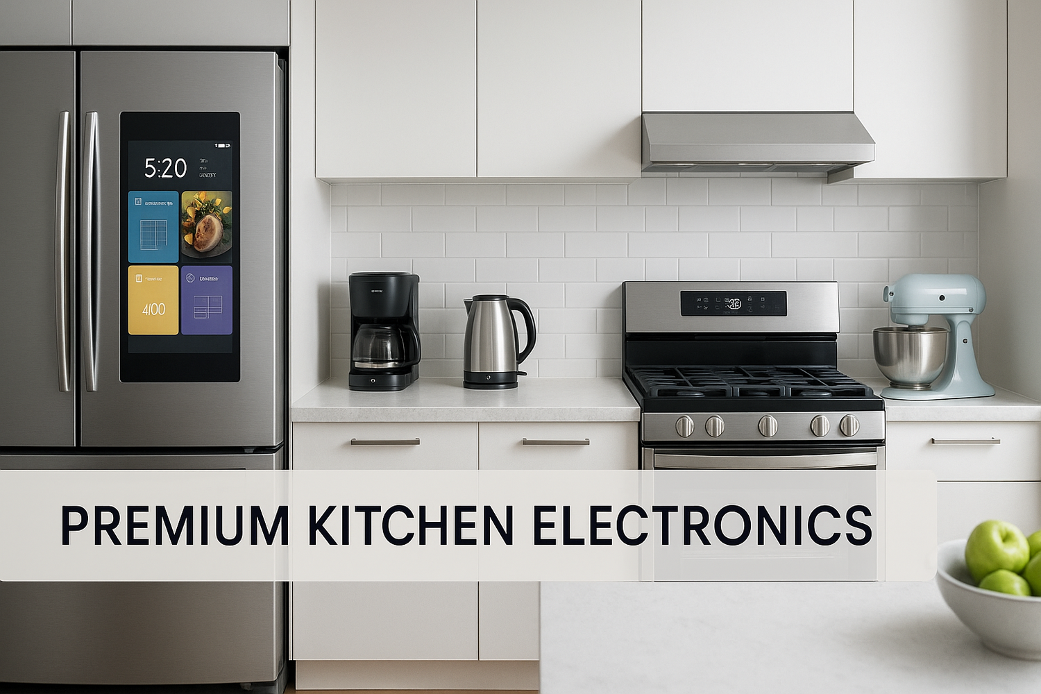 Modern kitchen with premium appliances including smart refrigerator and touchscreen oven