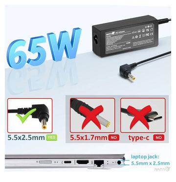 Replacement Charger (65W/19V/3.42A) AC Adapter For Toshiba, Satellite C55/C55D/C655/C850/L755/C855/C855D/L655/L655D/L755, Satellite Radius 11/14/15, For ASUS/VivoBook Tip 5.5x2.5mm